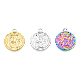 201 Stainless Steel Pendants, Flat Round with Owl