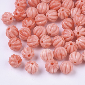 Synthetic Coral Corrugated Melon Beads, Two Tone, Dyed, Round