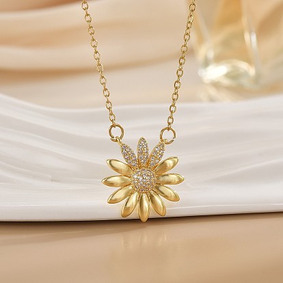 Подвеска в виде цветка ромашки из латуни с микропаве и прозрачными кубическими циркониями, цепочка-косичка для женщин