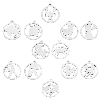 12 pcs 201 pendentifs en acier inoxydable, rond plat avec constellation 12