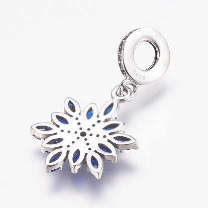 Thailand 925 Sterling Silver European Dangle Charms, Large Hole Pendants, with Cubic Zirconia, Snowflake, Antique Silver