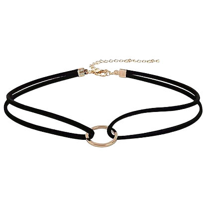 1Pc Alloy Ring Double Layer Faux Suede Cord Choker Necklaces for Women, Golden