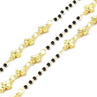 Handmade Eco-friendly Brass Flower Link Chains with Clear Cubic Zirconia, with Glass Column Beaded, Long-Lasting Plated, Golden, Soldered, with Spool