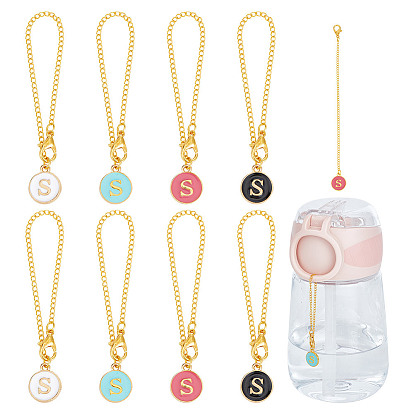 Подвески из сплава с эмалью, с витыми цепочками из латуни и застежками-карабами из цинкового сплава., плоский круглый с буквой s