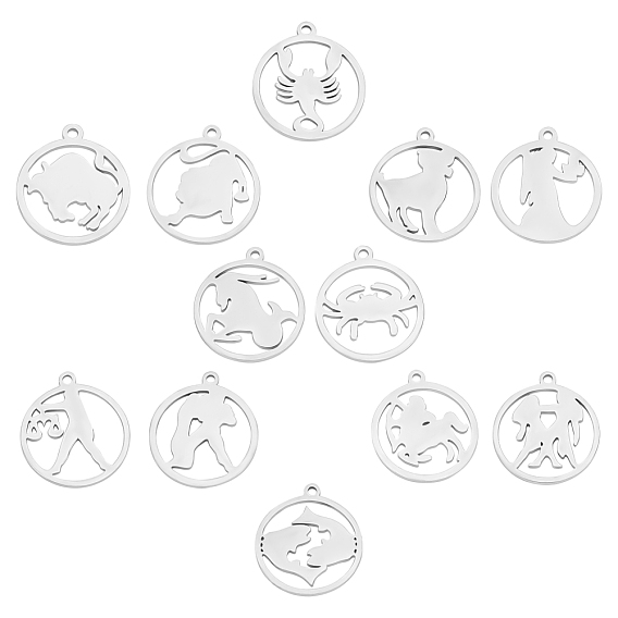 12Pcs 201 Stainless Steel Pendants, Flat Round with 12 Constellation