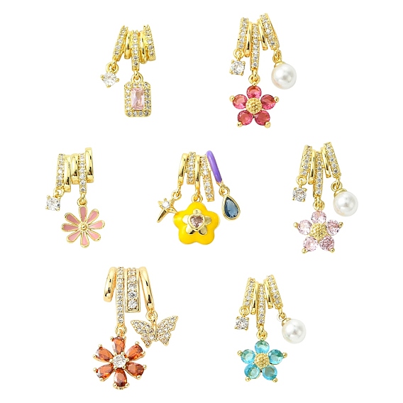 7шт 7 стили подвески из латуни с микропаве из прозрачного кубического циркония, долговечный, без свинца и без кадмия