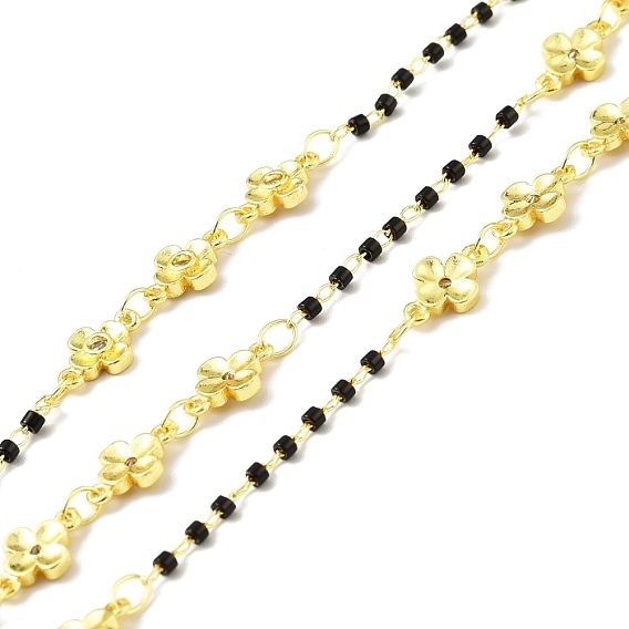Handmade Eco-friendly Brass Flower Link Chains with Clear Cubic Zirconia, with Glass Column Beaded, Long-Lasting Plated, Golden, Soldered, with Spool