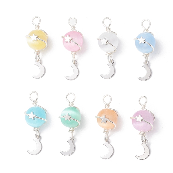 Подвески из окрашенного натурального селенита с планетами, с латунной звездой и 201 луной из нержавеющей стали, разноцветные
