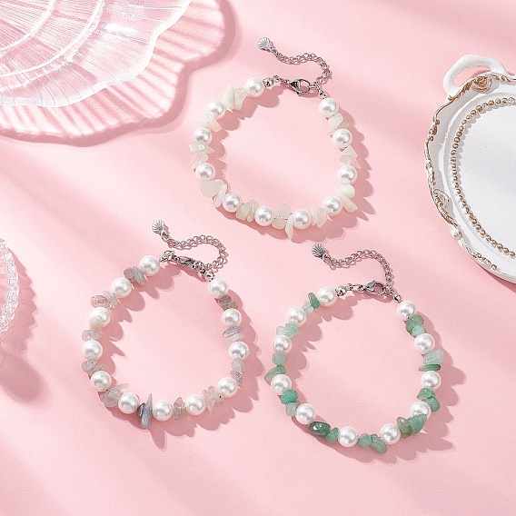 3Pcs Natural Mixed Gemstone Chip & Glass Shell Round Beaded Bracelets, with 304 Stainless Steel Findings