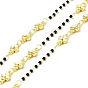 Handmade Eco-friendly Brass Flower Link Chains with Clear Cubic Zirconia, with Glass Column Beaded, Long-Lasting Plated, Golden, Soldered, with Spool