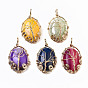 Natural Agate Pendants, Light Gold Copper Wire Wrapped Pendants, Dyed, Oval