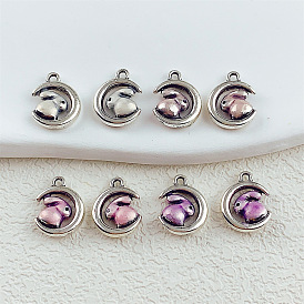 Подвески из эмали и сплава, луна с кроличьими талисманами, античное серебро