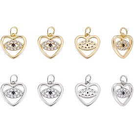 Nbeads 8Pcs 2 Colors Eco-Friendly Brass Micro Pave Clear Cubic Zirconia Charms, with Jump Ring, Long-Lasting Plated, Heart