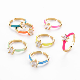 Brass Enamel Cuff Rings, Open Rings, Solitaire Rings, with Clear Cubic Zirconia, Nickel Free, Star, Golden