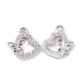 Alloy Crystal Rhinestone Pendants, Heart with Butterfly Charms