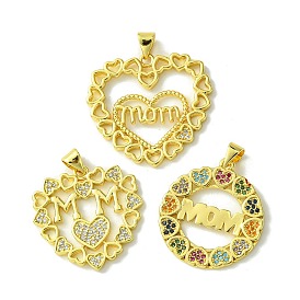 Mother's Day Brass Micro Pave Cubic Zirconia Pendants, Heart with Word Mom