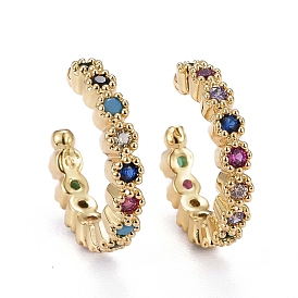 Brass Micro Pave Cubic Zirconia Cuff Earrings, Long-Lasting Plated, Flower, Colorful