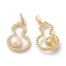 Brass Micro Pave Cubic Zirconia Pendants, with Pearl, Gourd Charm