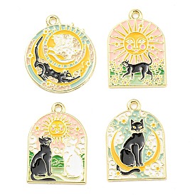 Alloy Enamel Pendants, Light Gold, Arch/Flat Round with Cat Charm