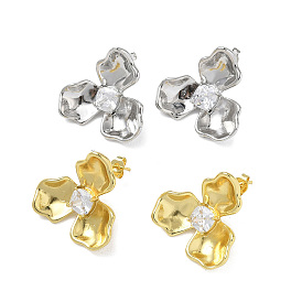 Hallazgos de pendientes de perlas de zirconia cúbica de micro pavé de latón, flor, con bucle, chapado en rack, larga duración plateado, sin plomo y cadmio