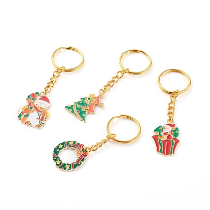 Christmas Theme Alloy Enamel Keychain, with Iron Split Key Rings, Mixed Color, Mixed Shapes