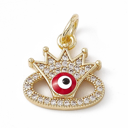 Rack Plating Brass Enamel Cubic Zirconia Charms, Crown with Evil Eye Charm, with Jump Ring, Long-Lasting Plated, Real 18K Gold Plated, Lead Free & Cadmium Free