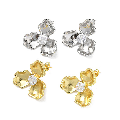 Brass Micro Pave Cubic Zirconia Stud Earrings Findings, Flower, with Loop, Rack Plating, Long-Lasting Plated, Cadmium Free & Lead Free