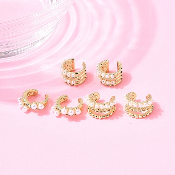 Латунные серьги-манжеты из прозрачного кубического циркония, с абс пластмассовой имитационной жемчужиной, без кадмия и без свинца, долговечный, стойки покрытие, c-образный