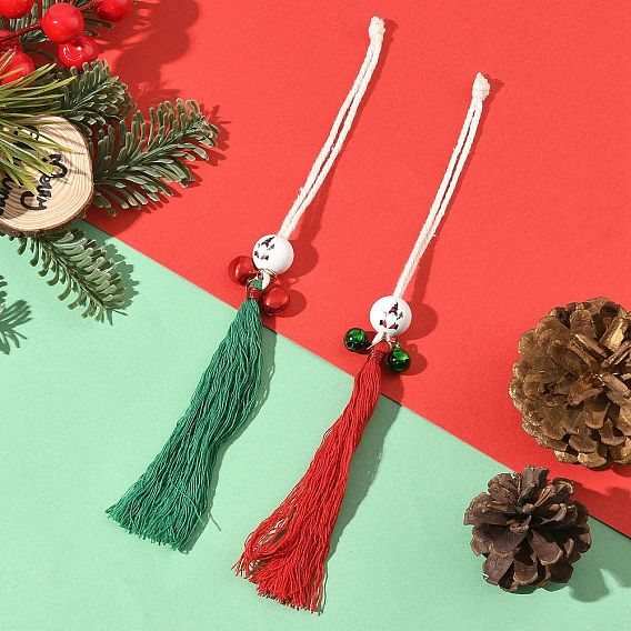 2 шт. подвески с кисточками из хлопка и полиэстера на рождественскую тематику, с деревянными бусинами и латунным колокольчиком