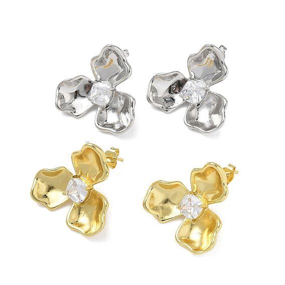 Brass Micro Pave Cubic Zirconia Stud Earrings Findings, Flower, with Loop, Rack Plating, Long-Lasting Plated, Cadmium Free & Lead Free