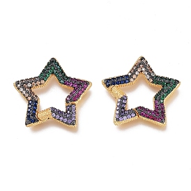 Brass Micro Pave Cubic Zirconia Spring Gate Rings, Star, Golden