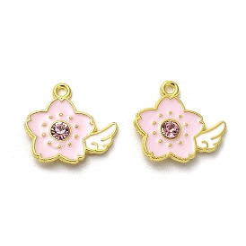 Alloy Enamel Pendants, with Rhinestone, Golden, Flower with Wing Charm