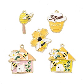 Alloy Enamel Pendants, Light Gold, Honey Jar/Bees/House Charm