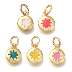 Rack Plating Brass Charms, with Enamel and Jump Ring, Cadmium Free & Lead Free, Long-Lasting Plated, Real 18K Gold Plated, Flat Round with Sun Charm