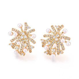 Серьги-гвоздики из латуни с микро-паве и прозрачным фианитом, с имитацией жемчуга, долговечный, без никеля 