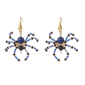 Natural Lava Rock & Lapis Lazuli Braided Spider Dangle Earrings, Brass Wire Wrap Halloween Jewelry for Women, Golden