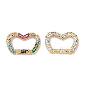 Rack Plating Brass Micro Pave Cubic Zirconia Spring Gate Rings Clasps, Cadmium Free & Lead Free, Long-Lasting Plated, Real 18K Gold Plated, Half Heart