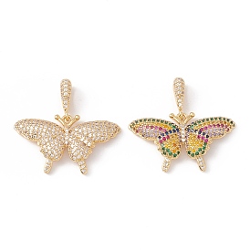 Brass Micro Pave Cubic Zirconia Pendants, Cadmium Free & Lead Free, Real 18K Gold Plated, Butterfly