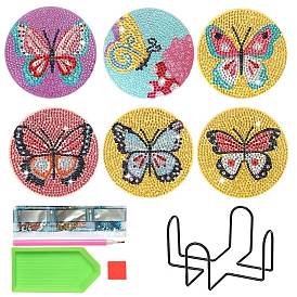 DIY Diamond Painting Butterfly Pattern Coaster Kits, including Resin Rhinestones, Diamond Sticky Pen, Tray Plate & Glue Clay