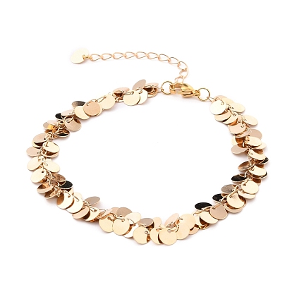 Brass Flat Round Charm Anklets, with 304 Stainless Steel Lobster Claw Clasps