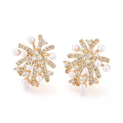 Серьги-гвоздики из латуни с микро-паве и прозрачным фианитом, с имитацией жемчуга, долговечный, без никеля 