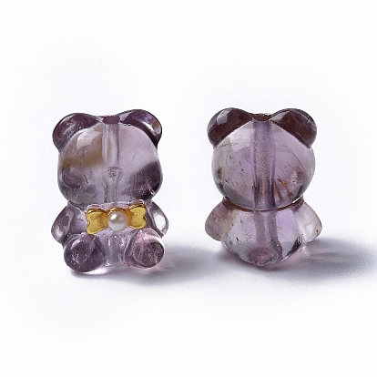 Natural Amethyst Bear Beads, with Rack Plating Golden Tone Brass Bowknot