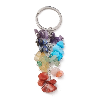 Chakra Natural & Synthetic Gemstone Chip Bead Keychain, with 304 Stainless Steel Split Key Rings