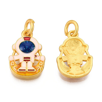 Alloy Enamel Pendants, Cadmium Free & Lead Free, with Glitter Powder and Jump Rings, Matte Gold Color, Spaceman