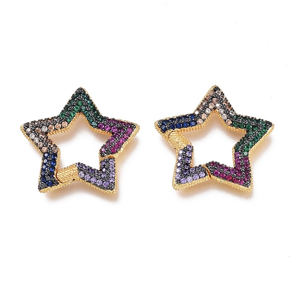 Brass Micro Pave Cubic Zirconia Spring Gate Rings, Star, Golden