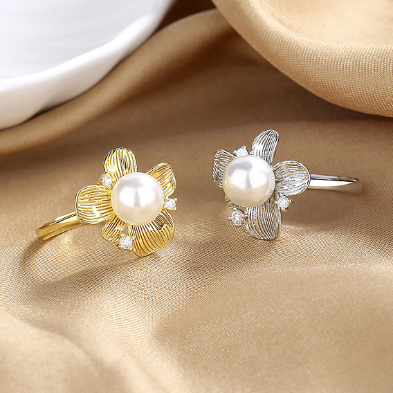 Регулируемые латунные кольца для женщин с микропаве из кубического циркония и искусственным жемчугом, цветок