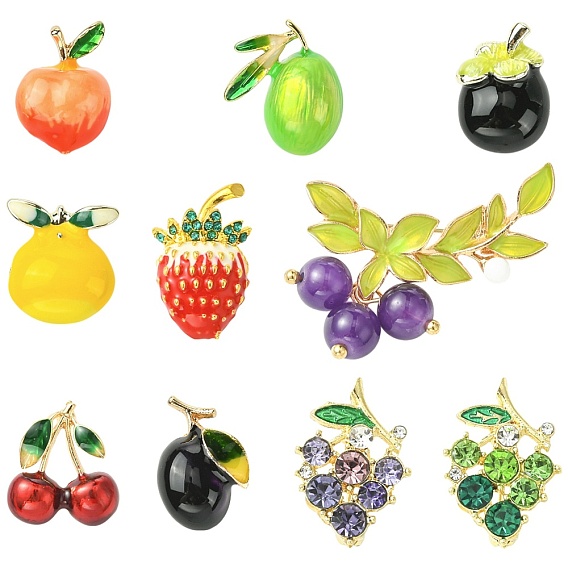 10 шт. 10 стили фруктовые эмалевые булавки, со стразами из цинкового сплава, булавки для лацканов из сплава для одежды рюкзака, разнообразные