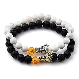 Men's Natural Howlite & Lava Rock Stretch Beaded Bracelets Sets, with Resin Imitation Amber Beads and Dragon Head Alloy Beads