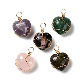 Pendentifs naturelles mixtes de pierre, avec du vrai fil de cuivre écologique plaqué or 18k, cœur