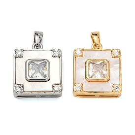 Латунные микропаве прозрачные подвески с фианитом, с подвесками из натуральных ракушек, квадратных амулеты